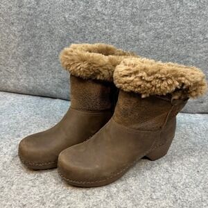 Dansko Brown Leather Shearling Trim Ankle Boots Clog Support Heel Womens Size 37